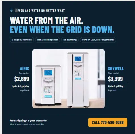 AIRIS countertop and SKYWELL floor-model air-to-water generators, with pricing and daily production capacity